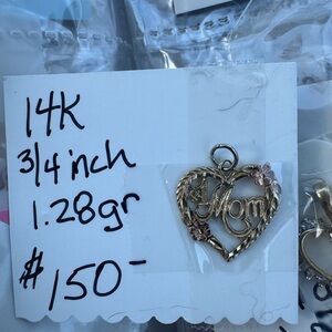 "14k stamped and tested Mom" Heart Pendant - Two-Tone Floral Charm